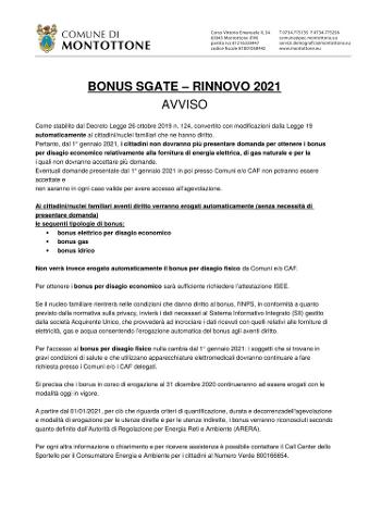 Rinnovo BONUS SGATE 2021 •bonus elettrico per disagio economico •bonus gas •bonus idrico
